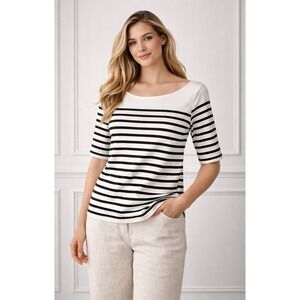 Ann Taylor Striped Top Womens Large White Black Excellent Elbow Sleeve Preppy
